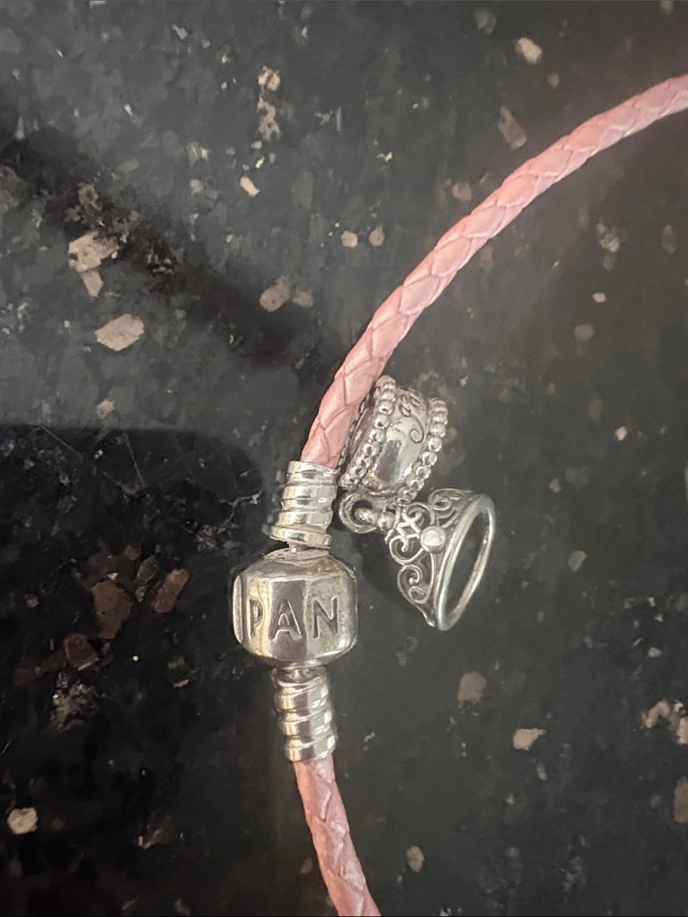 Rare Pandora Pink Braided Leather Bracelet/Necklace with Silver Crown Charm